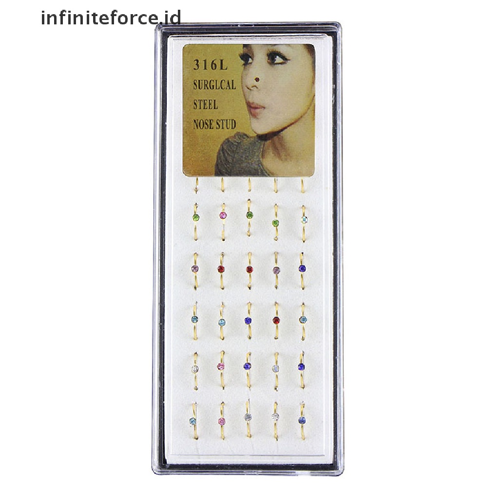 (Infiniteforce.Id) 40pcs / Set Cincin Tindik Hidung / Tubuh Bahan Stainless Steel Hias Kristal Untuk Wanita