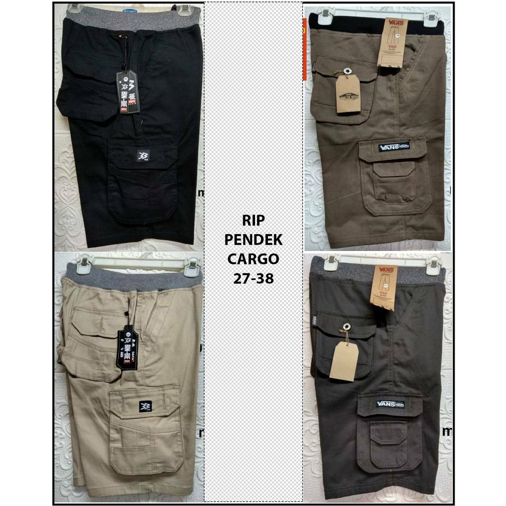  Celana  Rip Cargo  Color Shorts Multi Pockets Drawstring 