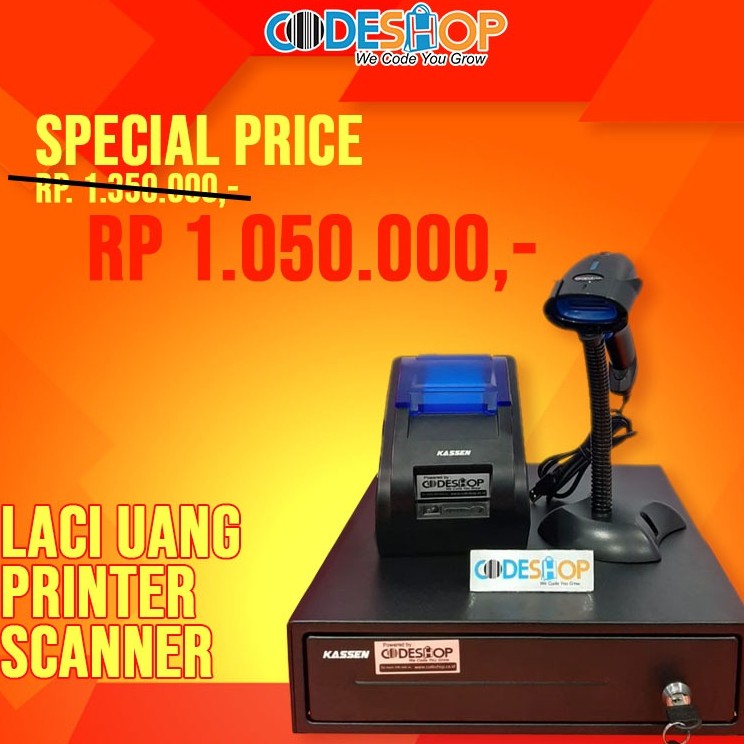 MESIN KASIR UNTUK RESTO DAN SWALAYAN ALL SET (LACI+PRINTER THERMAL+SCANNER 1D)