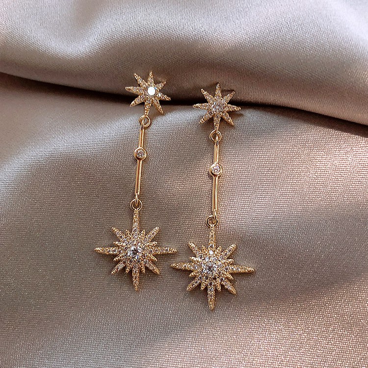 Anting Stud Panjang Desain Bintang Delapan Bahan 925 Silver Needle Gaya Korea Untuk Wanita