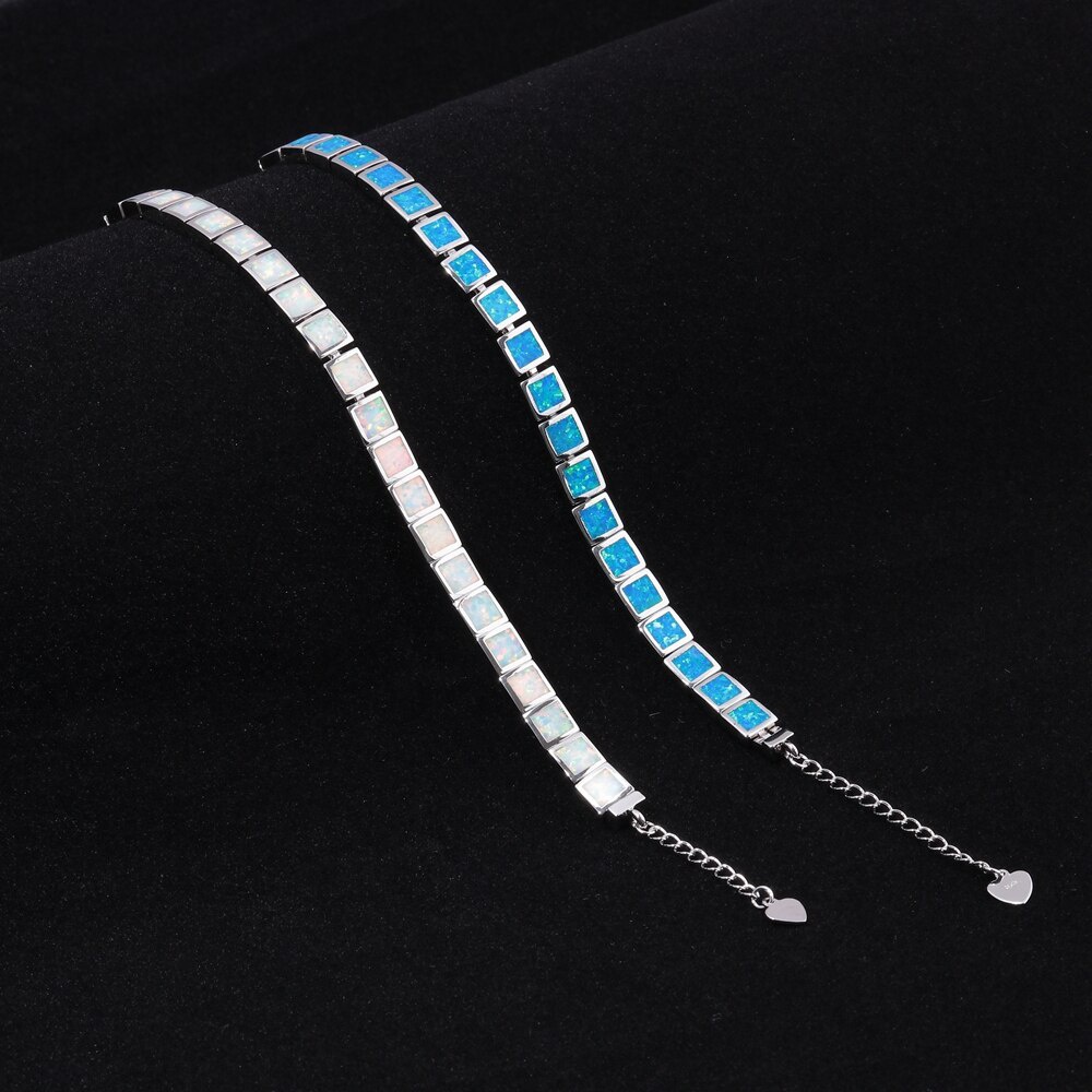 Gelang Rantai Lebar Bahan 925 Silver Metal Hias Batu Opal Api Biru Dan Putih Untuk Wanita