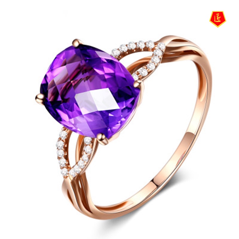 [Ready Stock]New High-End Natural Amethyst Ring Female 18K Rose Gold