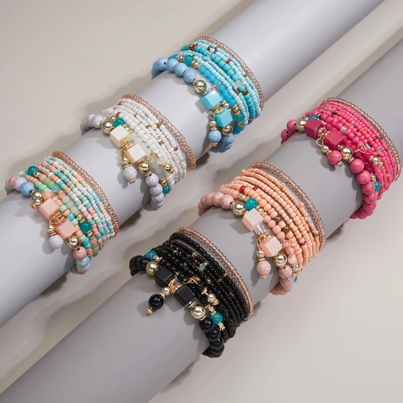 8 Pcs Gelang Manik-Manik Kristal Batu Alam Multilayer Gaya Vintage Bohemian Adjustable