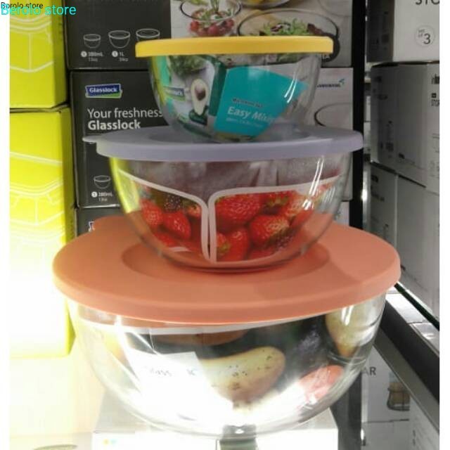 Mangkok Kaca - Mixing Bowl Set 3 Pcs Mangkuk Adonan Kaca Food Storage Glasslock Easy