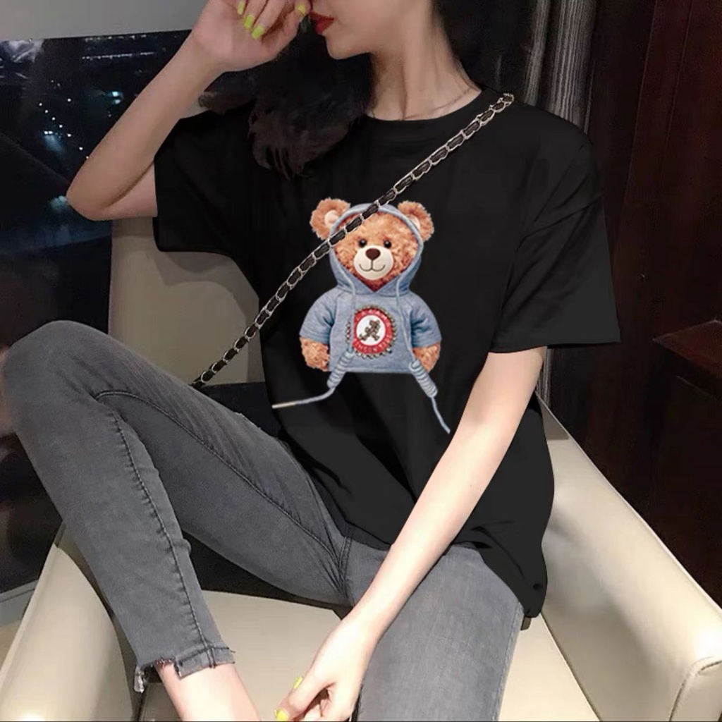 Oversize Tee Tshirt Wanita Model Longgar Motif Bear Teddy Sweater