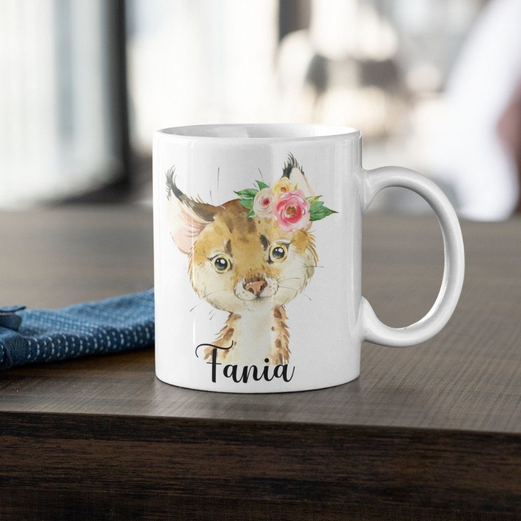 Gelas Mug Lucu Gambar Hewan Hyena dan Bunga Watercolor