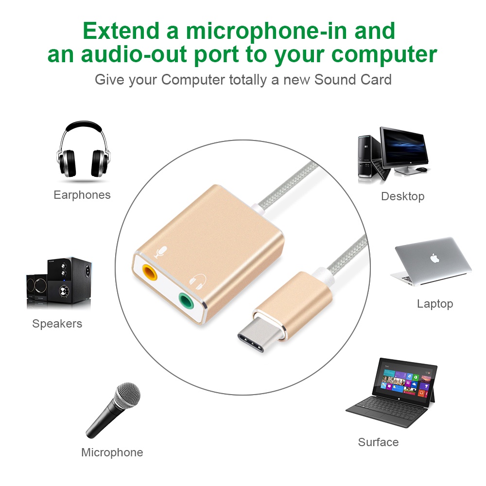 Kabel External USB Type-C Sound Card 3.5mm AUX Microphone MU1