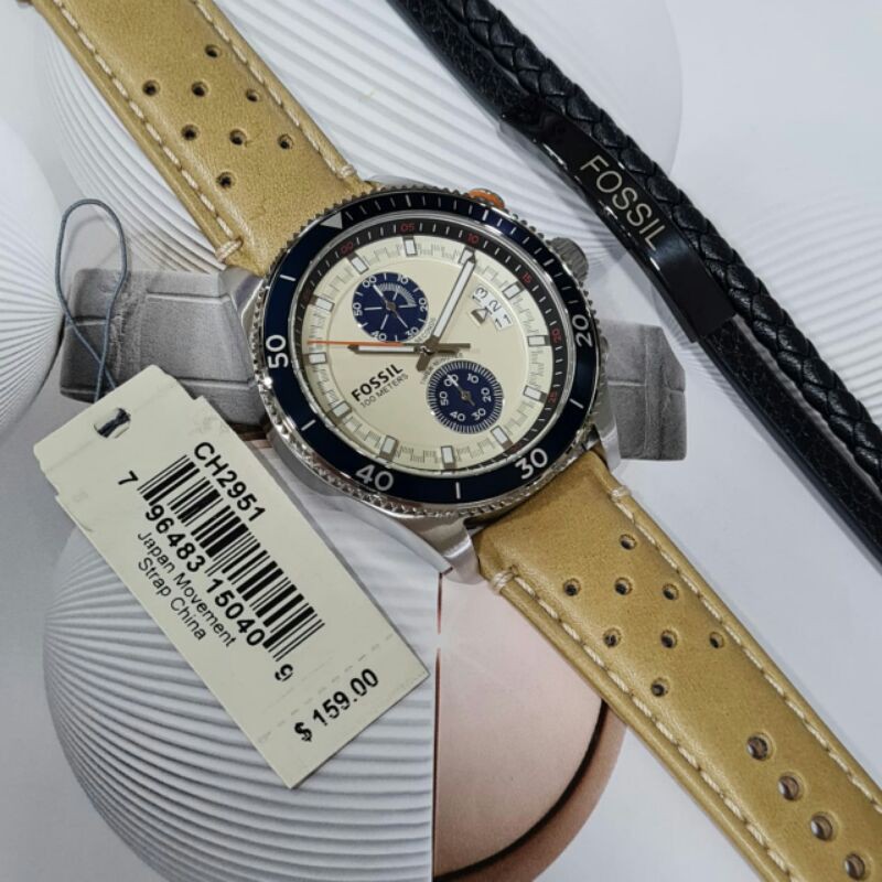 Jam Tangan Pria l Fossil l Chrono On l Strap Leather l Free Gelang Kulit l 45mm l Include Box