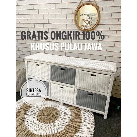 (Khusus Pulau Jawa) Rak Tv Laci Serbaguna Rotan Sintetis Isi 6 Laci/Lemari Rotan Sintetis/Lemari Baj