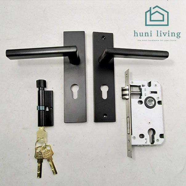 Handle Gagang Pintu Gaya Eropa Hitam Full Set / Kunci Pintu Premium