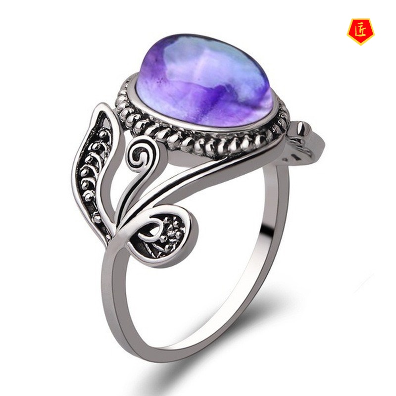 [Ready Stock]Retro Amethyst Ring Silver Diamond Elegant Niche Design