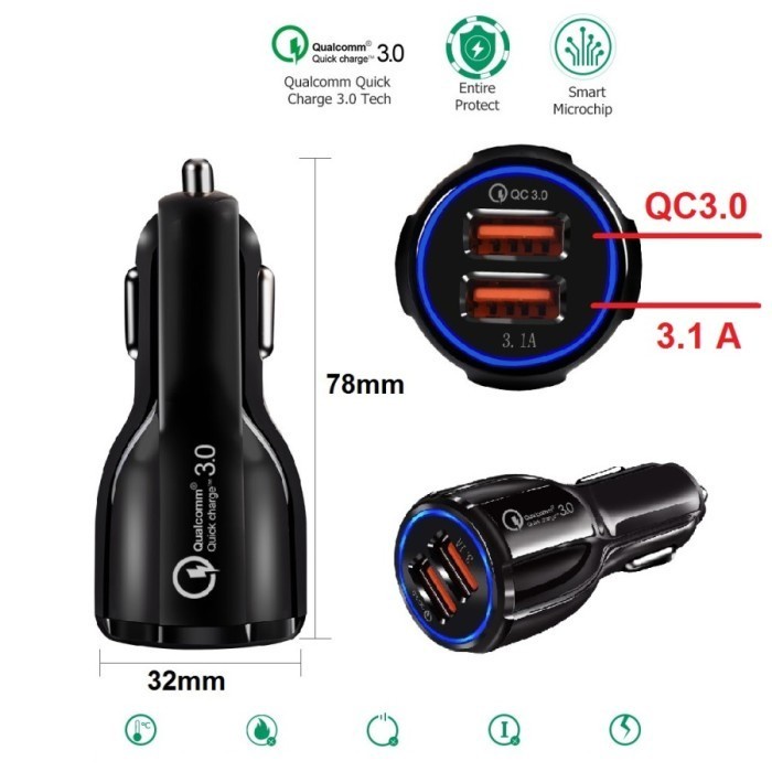 Car Charger QC3.0 Dual USB Fast Charging Qualcomm Quick Charger 12-24V