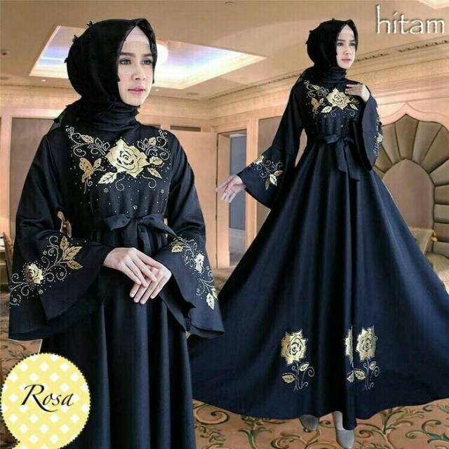 Baju Muslim Gamis Rosa Busana Lebaran Wanita Motif Bunga Warna Hitam