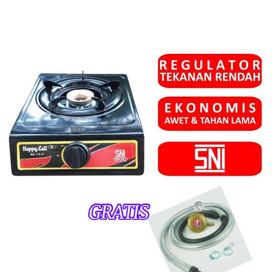 KOMPOR 1 TUNGKU / KOMPOR 2 TUNGKU PROGAS HAPPY CALL HEMAT GAS TAHAN LAMA API BIRU GRATIS SLANG REGULATOR PAKET