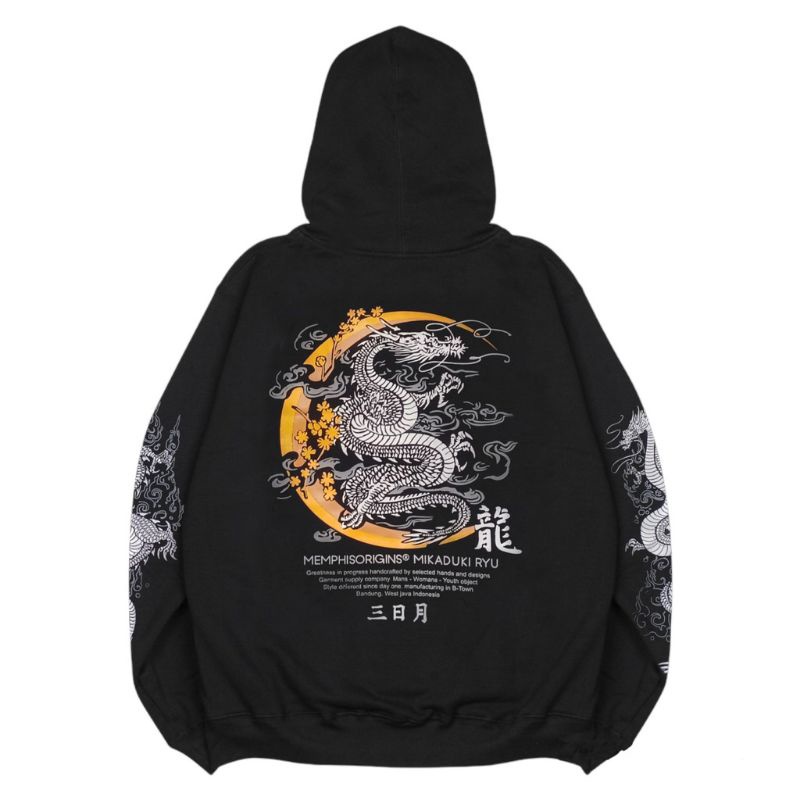 Hoodie Pria Motif Dragon Mikadiku Ryu Japan Memphis Jepang / Sweater Pria Motif Naga hitam / Hoodie 