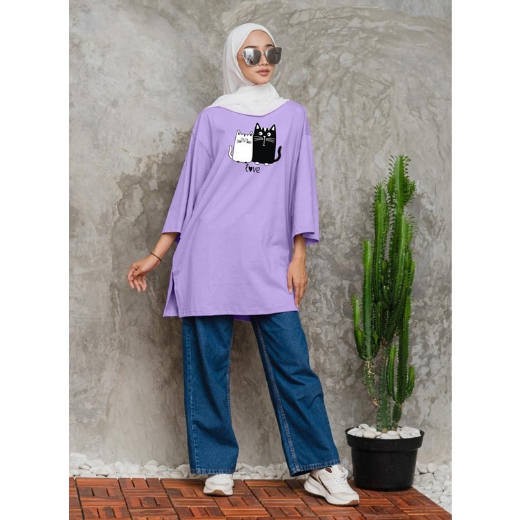 KAOS OVERSIZE TOP HIJAB WANITA BASIC MEOW LOVE / OVERSIZE SLIT BLOUSE