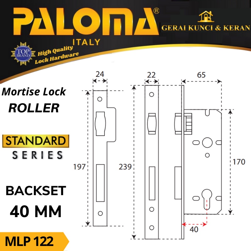 BODY KUNCI PALOMA MLP 122 STANDARD ROLLER PELOR  40 MM STAINLESS STEEL