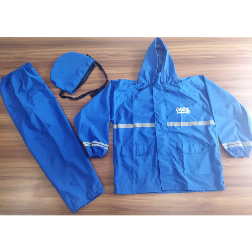 Jas Hujan Pria Bahan Taslan Balon Waterproof Setelan Jaket Celana Stiker Reflector Warna Biru