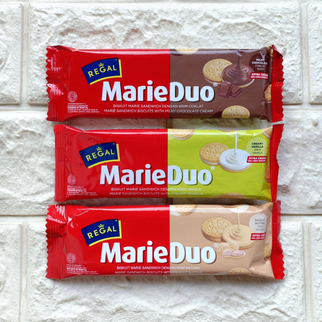 

Regal Marie Duo Sachet 20gr Coklat Susu Vanila Peanut Biskuit Snack Milky Chocolate Vanilla Kacang