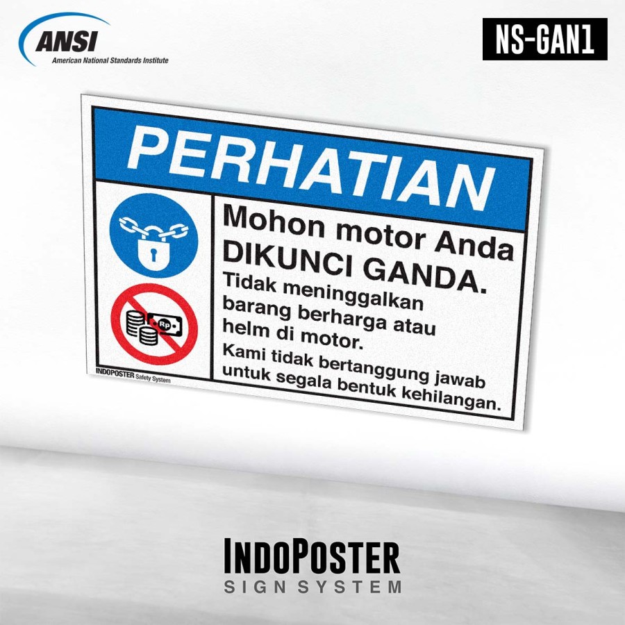 

Stiker K3 Safety Sign ANSI Parkir Motor Dikunci Ganda