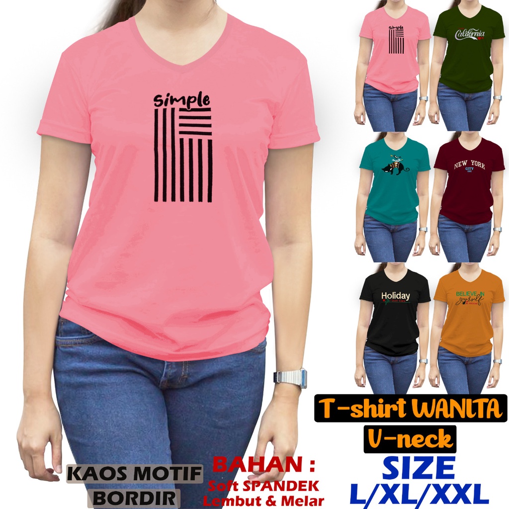 KAOS WANITA V NECK BORDIR KAOS WANITA MURAH ATASAN WANITA TSHIRT