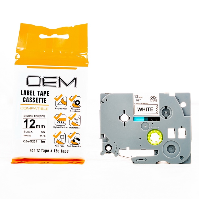 OZe-S231 OEM LABEL TAPE BROTHER STRONG ADHESIVE 12mm Black On White