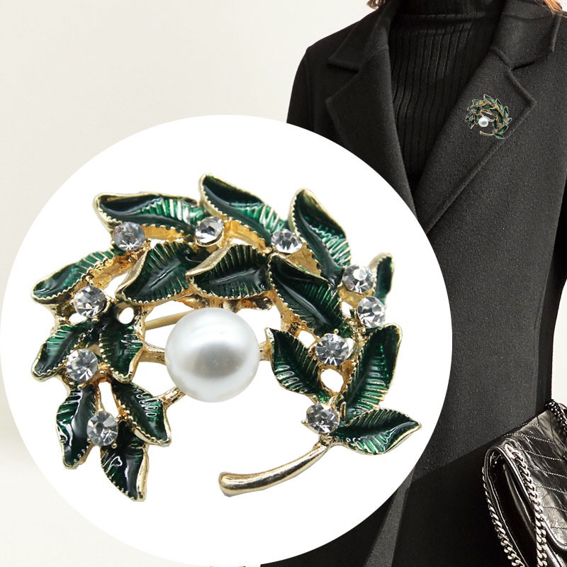 Versi Korea Daun Hijau Berlian Imitasi Mutiara Garland Bros Segar Gaya Pastoral Daun Hijau Cabang Karangan Bunga Bros Mutiara Populer All-Match Aksesoris Unisex-2