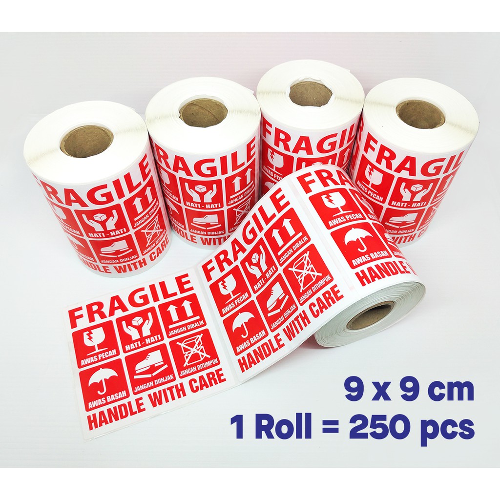 

250 pcs Stiker Label Fragile Awas Pecah Handle With Care Sticker Hati-Hati 9 x 9 Cm (1 Roll/250 pcs)