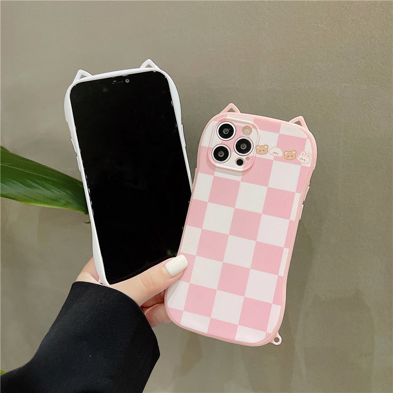 Case Desain Telinga Kucing Kotak-Kotak Untuk Iphone 11 12 Pro Max Xr Xsmax 7 8 Plus Se2020
