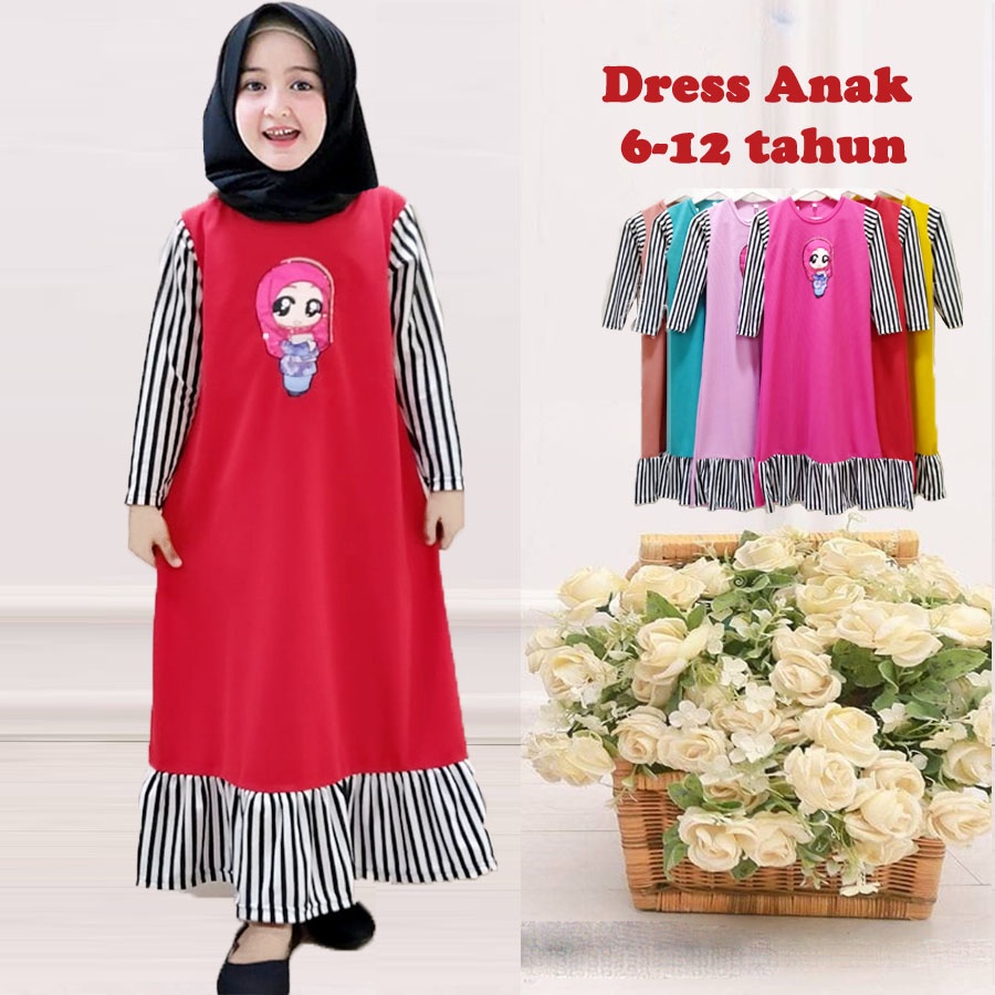 DRESS ANAK LOL SALIHAH REMPEL BAWAH GAMIS MURAH Usia 4-12 tahun CARLINA