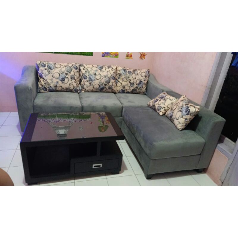sofa L putus + meja kayu