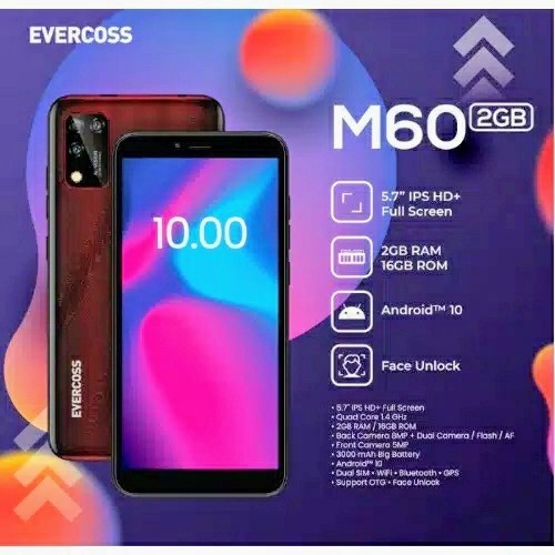 EVERCOSS M60 2/16 RAM 2GB INTERNAL 16GB GARANSI RESMI