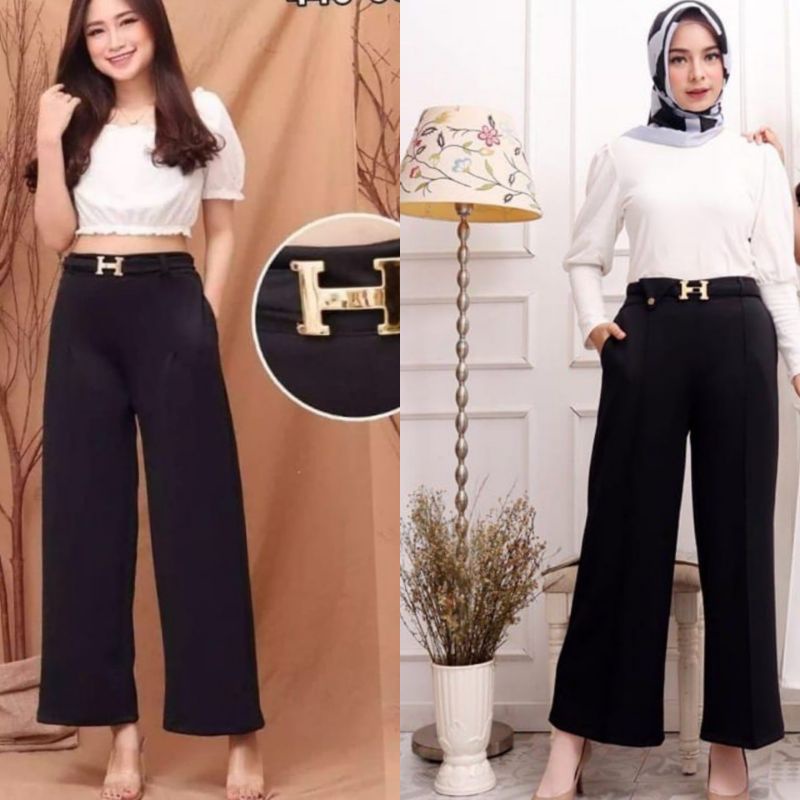 Celana Panjang Kerja Wanita Highwaist Kulot Scuba Belt H Muat Bb 50kg sampai 70kg