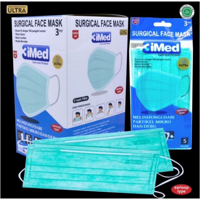 masker 3imed medis earloop / headloop 3play sachet isi 5 pcs