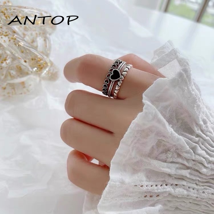 Korea Retro Hitam Cinta Paduan Cincin Pembukaan Kepribadian Wanita Fashion Aksesoris ANTOP