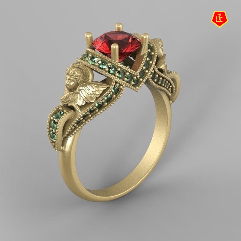 [Ready Stock]Fashion Classic Cupid Angel Wings Ruby Ring