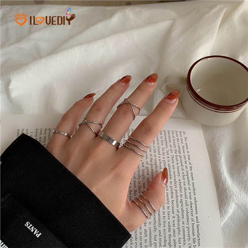 6pcs / Set Cincin Silver Tipis Gaya Retro Korea Untuk Wanita