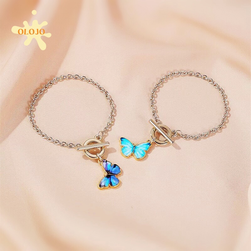 OLOJO Korea Kupu-kupu Pola Kalung Gelang Biru Butterfly Klavikula Rantai Dekorasi Perhiasan