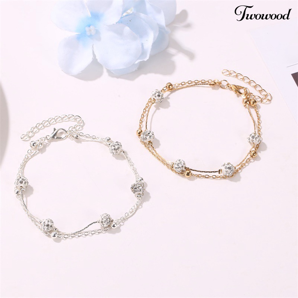 Gelang Kaki Rantai Manik-Manik Berlian Imitasi Double Layer Adjustable Bahan Alloy Untuk Wanita