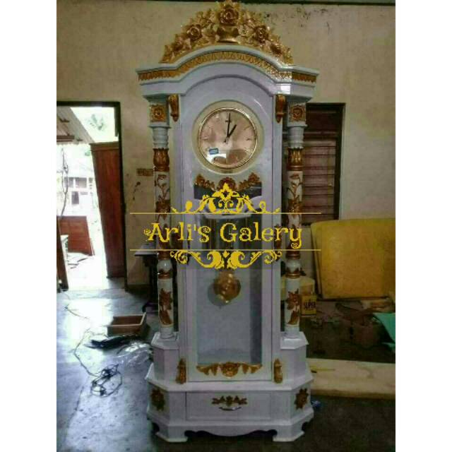 Almari jam hias mawar duco putih kayu jati furniture jepara