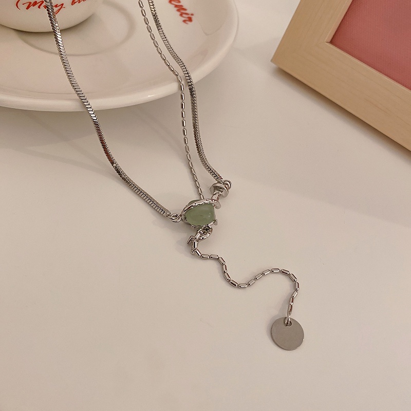 Kalung Rantai Klavikula Hias Batu Akik Bentuk Bulat Persegi Gaya Retro