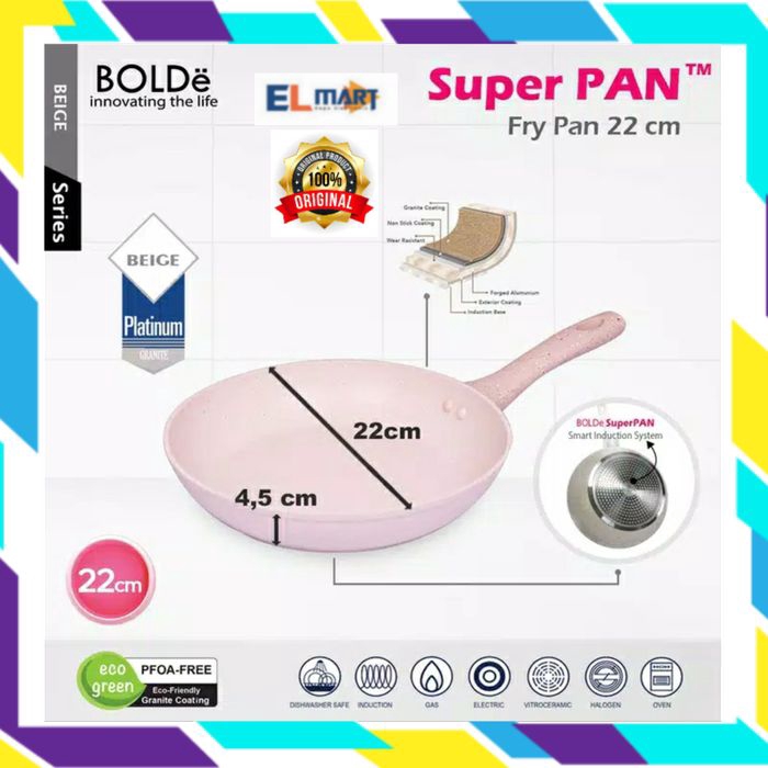 BOLDe fry pan 22cm beige granite coating - super pan 22 cm Panci Penggorengan