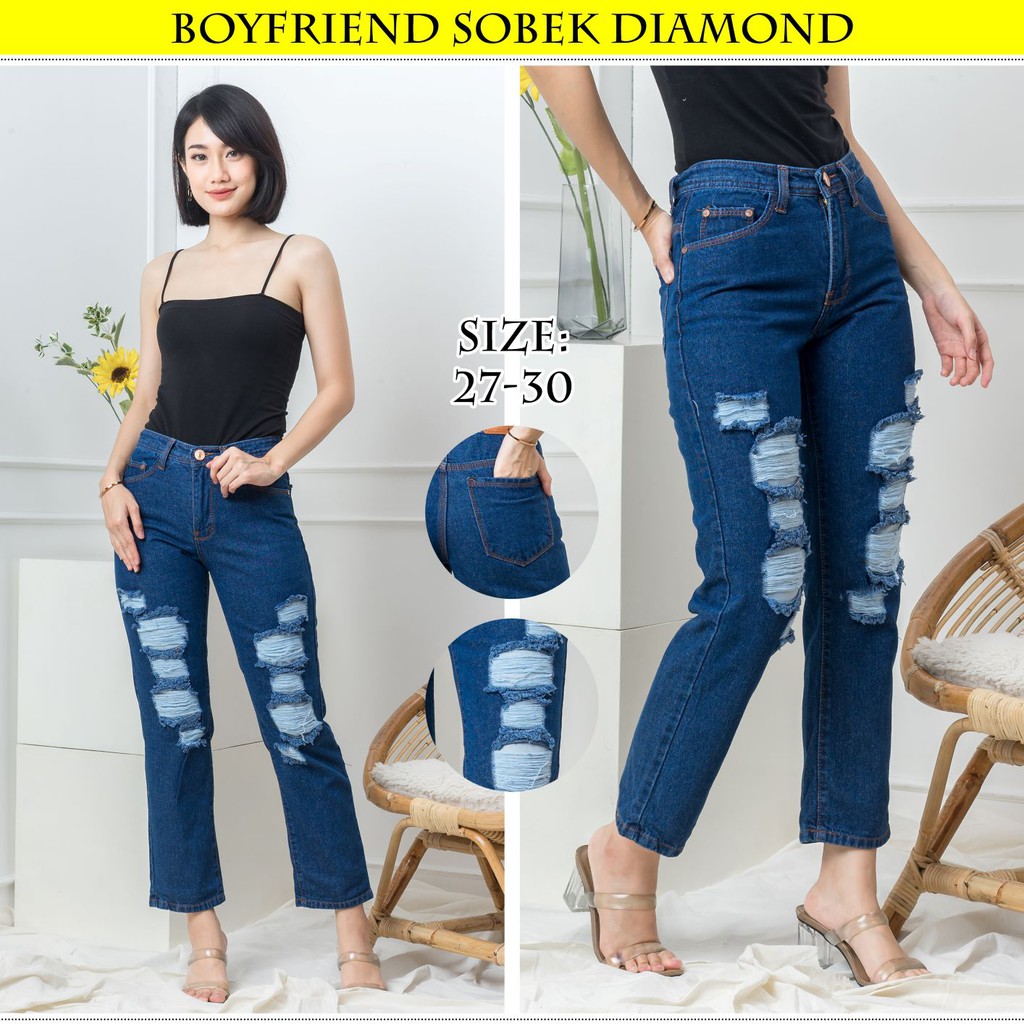 KENYAJEANS CELANA JEANS PREMIUM BOYFRIEND SOBEK  BIRU DIAMOND /RIPPED JEANS /NONSTREACH JEANS /27 - 30