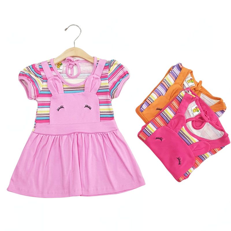 DRESS FASHION ANAK PEREMPUAN 1 TAHUN MOTIF SALUR MEREM PINK FANTA PEACH