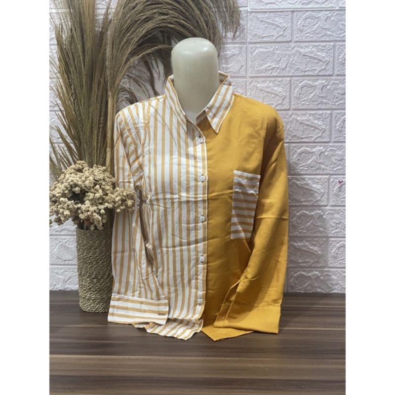 Kemeja Salur Two Tone Lengan Panjang - Hana