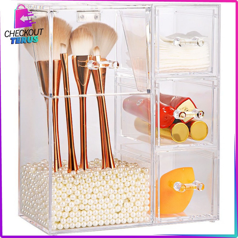 CT K18 Rak Organizer Multifungsi Kotak Penyimpanan Brush Make Up ada Mutiara Rak Anting Acrylic Storage Box Kuas Makeup