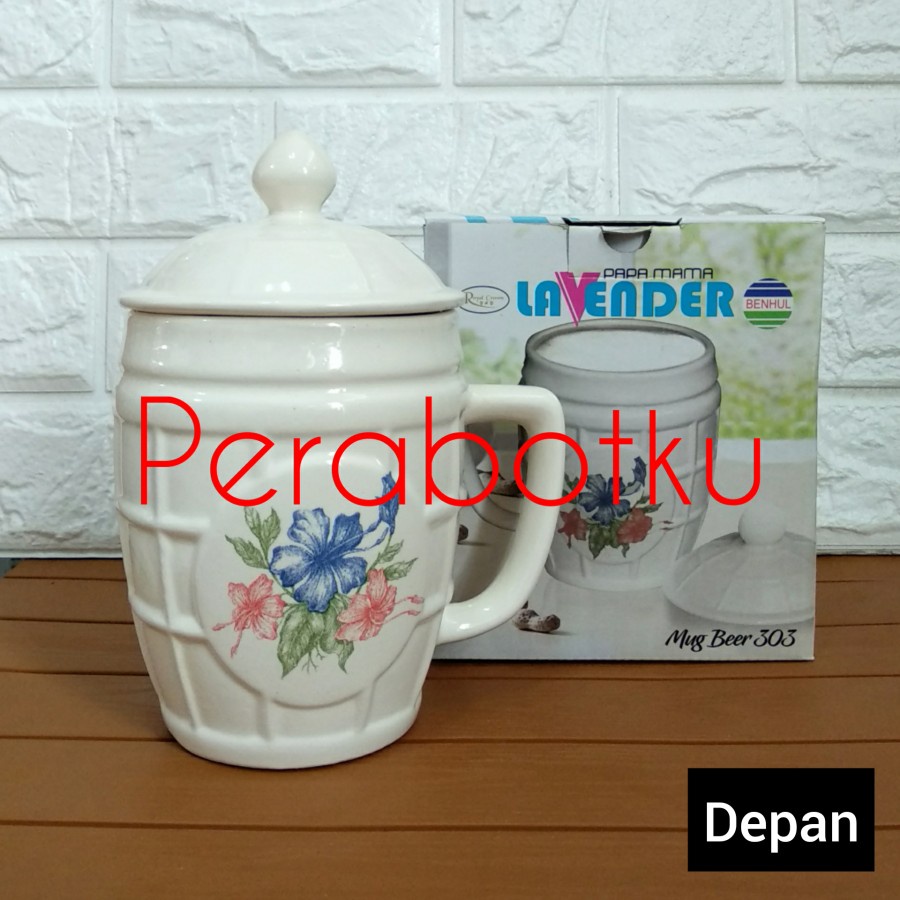 Mug Keramik Lavender + Tutup 303 / Gelas Set Besar Jumbo Mama & Papa