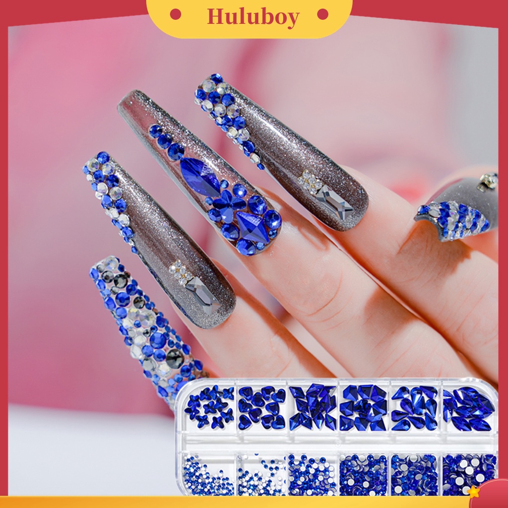 Huluboy Huluboy♡ 12 Grids / Box Berlian Imitasi Glitter Warna-Warni Untuk Dekorasi Nail Art