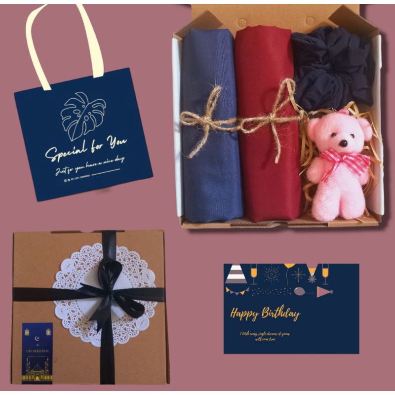 HAMPERS HIJAB POLOS SQUARE GOFT BOX HAMPERS BIRTHDAY / GRADUATION / WEDDING /LEBARAN / ISLAMI WANITA HADIAH HIJAB BONEKA