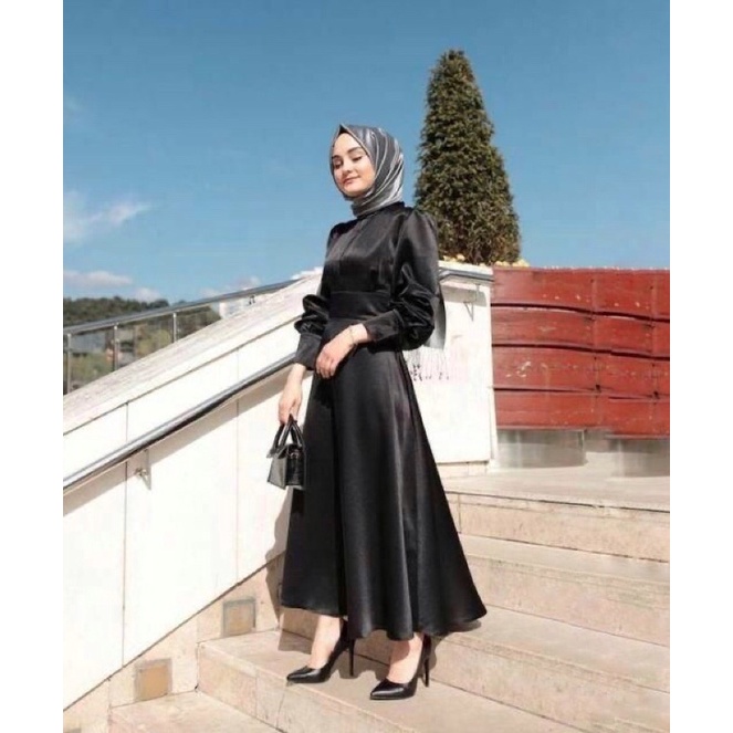 AISHA DRESS - Dress pesta satin wanita gaun party big size jumbo ukuran besar baju tangan panjang pu